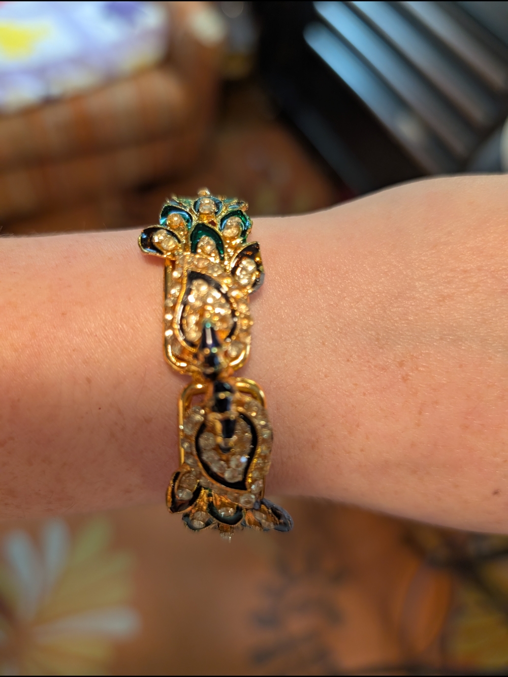 Gold-Tone & Green Crystal Filigree Women's Bracelet